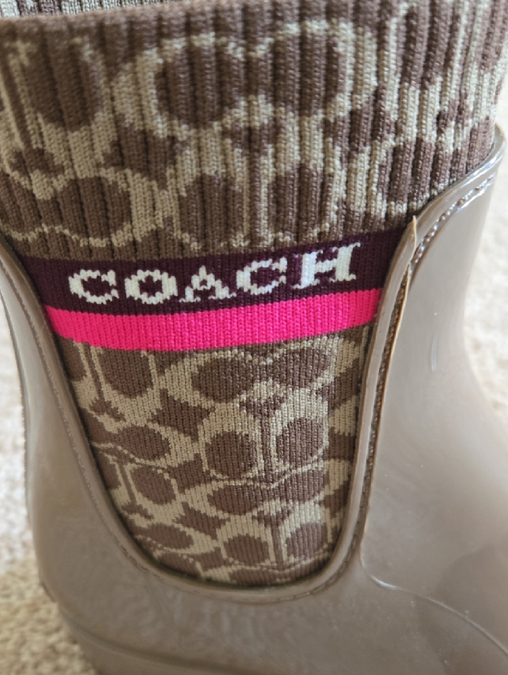 Coach Taupe Glossy Rain Ankle Boots with Pink Stripe - Picture 6 of 6